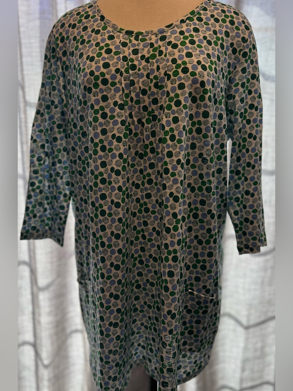Long Sleeve Polka Dot Tunic Dress in Green and Gray